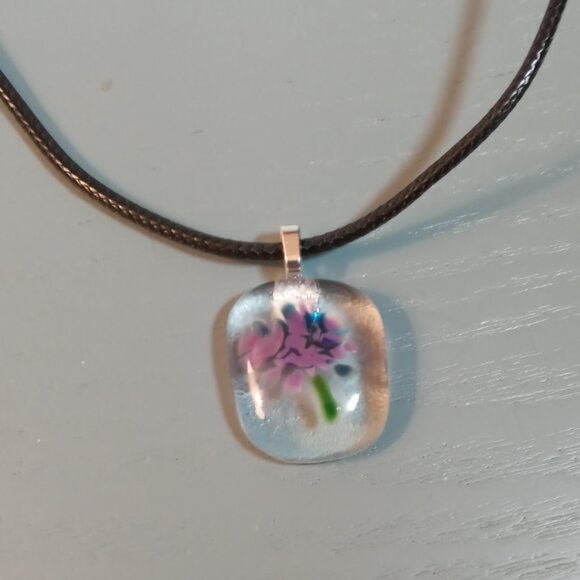 One of a kind artisan made purple bright blue abstract flower pendant necklace - Picture 4 of 8